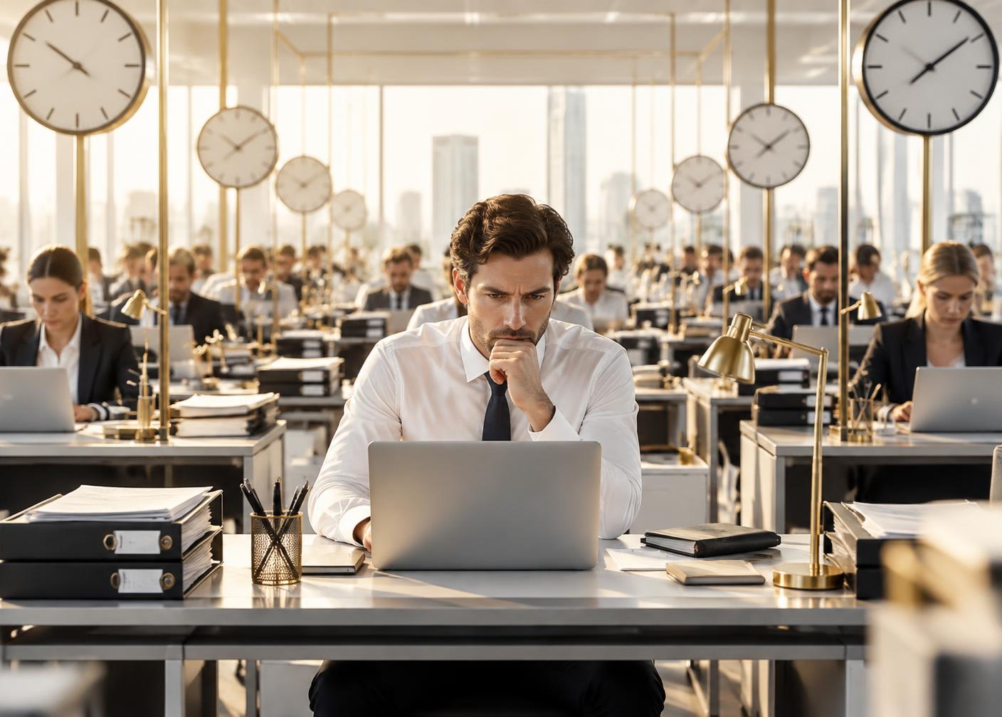 Angestellter arbeitet in einem starren System aus Zeit und Leistung